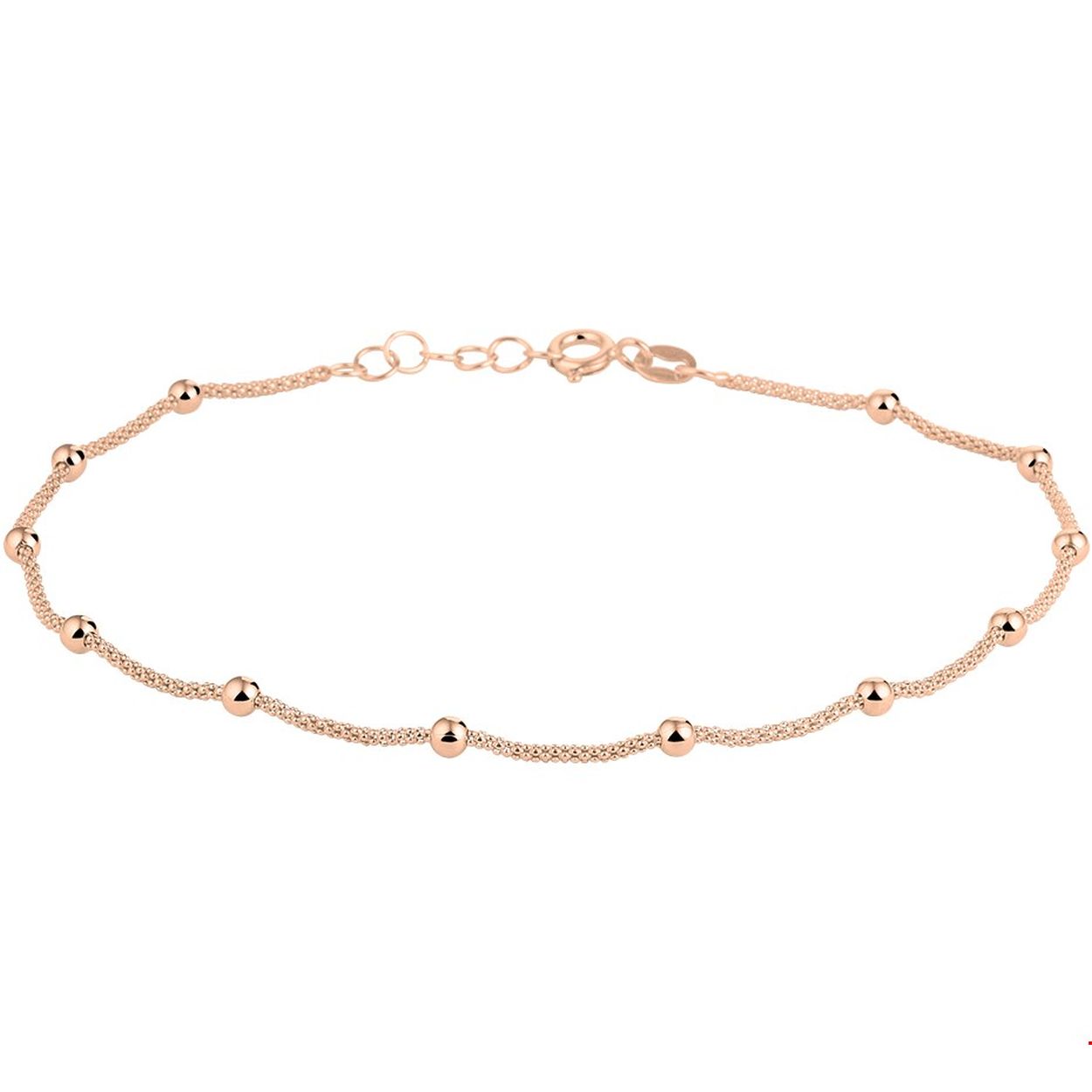 Beschrijving: Trendy rosegoud op zilveren enkelbandje uitgevoerd met poli afgewerkte bolletjes van 3mm. Met een draaglengte van 24cm en een extensie van 2cm. Tip: Leuk om kado te geven! 
Doelgroep: dames
Breedte: 3 mm
Kortste lengte: 24 mm
Langste lengte: 26 mm