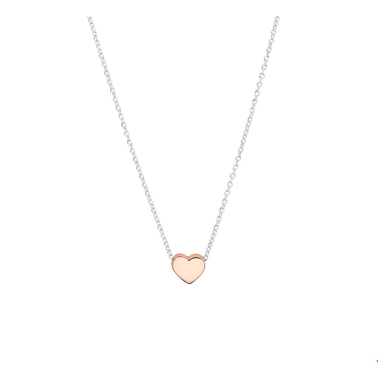 Trendy gerhodineerd zilveren collier met een draaglengte van 41cm en een extensie van 4cm. Uitgevoerd met een hartje in rose plating van 5.5x6.5mm en met een karabijn sluiting.