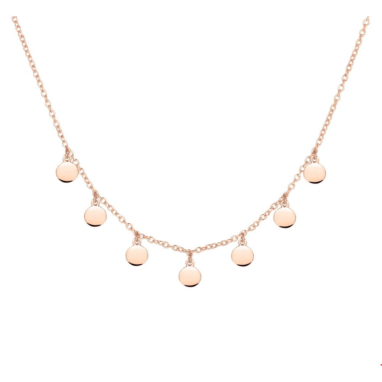 Stijlvol rosegoud op 925 zilveren anker collier uitgevoerd met ronde hangers van 4.3mm in diameter. Met een draaglengte van 41cm en een extensie van 4cm. Het collier is te combineren met bijpassende sieraden uit onze collectie.