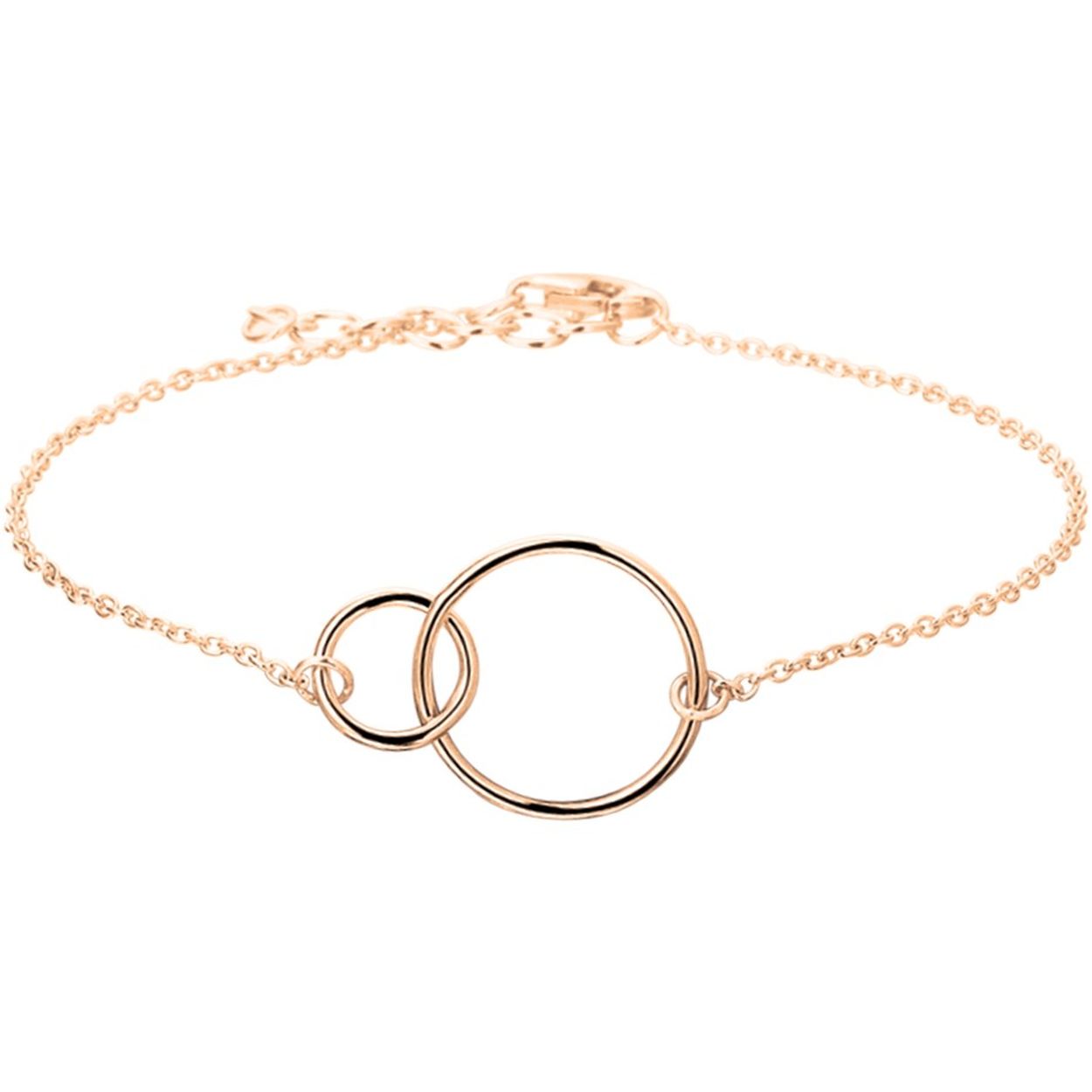 Beschrijving: Trendy rosegoud op zilveren armband uitgevoerd met twee open cirkels van 8 en 14mm en een stevige karabijn sluiting. De armband heeft een draaglengte van 16cm met een extensie van 2.5cm.