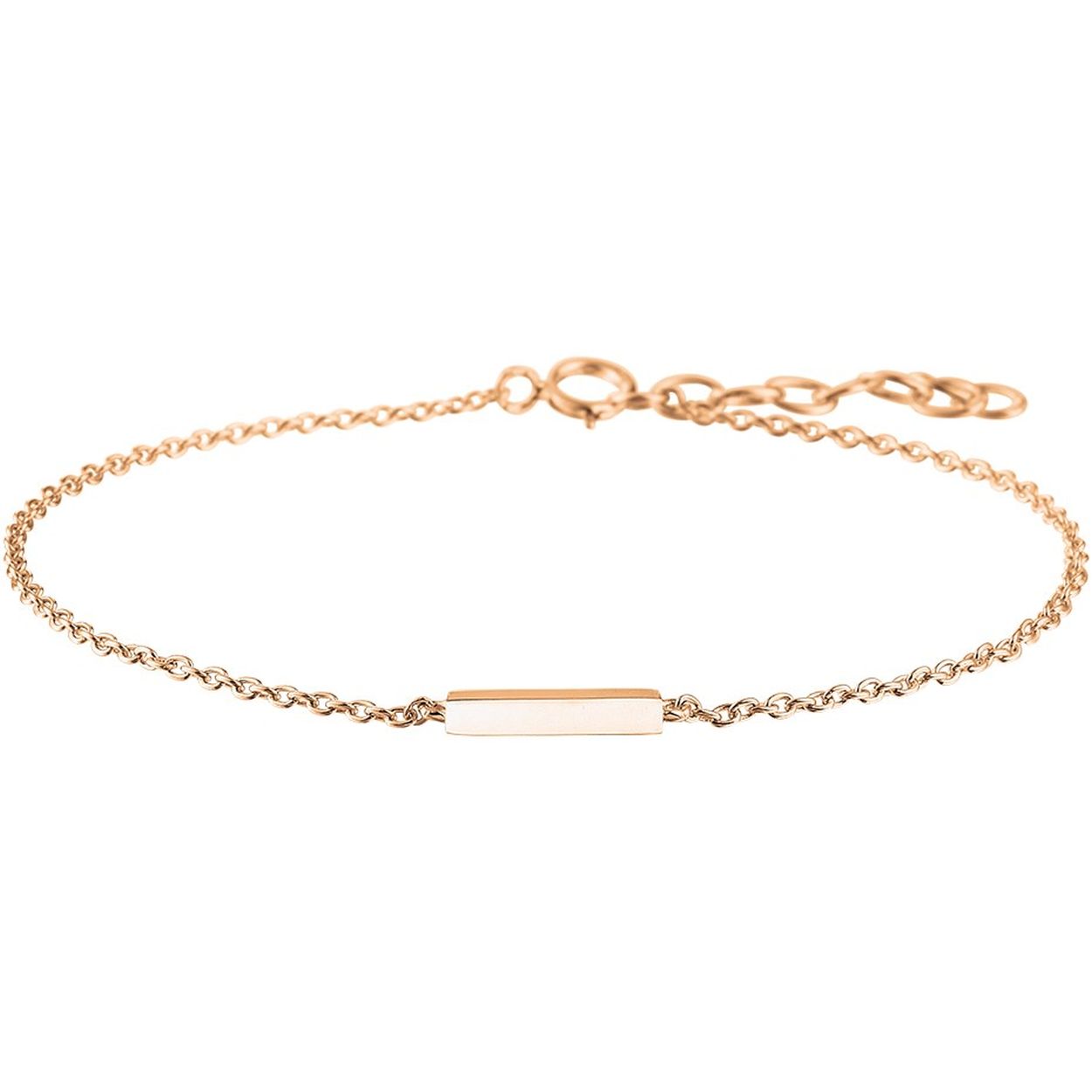 Beschrijving: Trendy rosegoud op zilveren armband uitgevoerd met een poli afgewerkt balkje van 2x13mm. De armband heeft een draaglengte van 16cm met een extensie van 2.5cm.