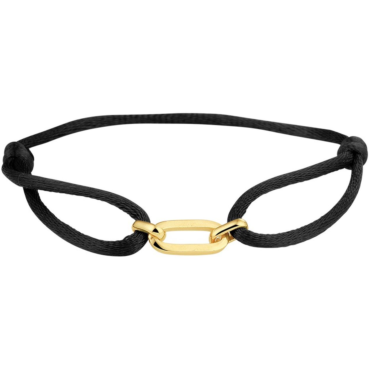 Zwart gevlochten armband uitgevoerd met een geelgoud op 925 zilveren element. De armband heeft draaglengtes van 13 tot 26cm. Het element heeft een afmeting van 20x6mm.
