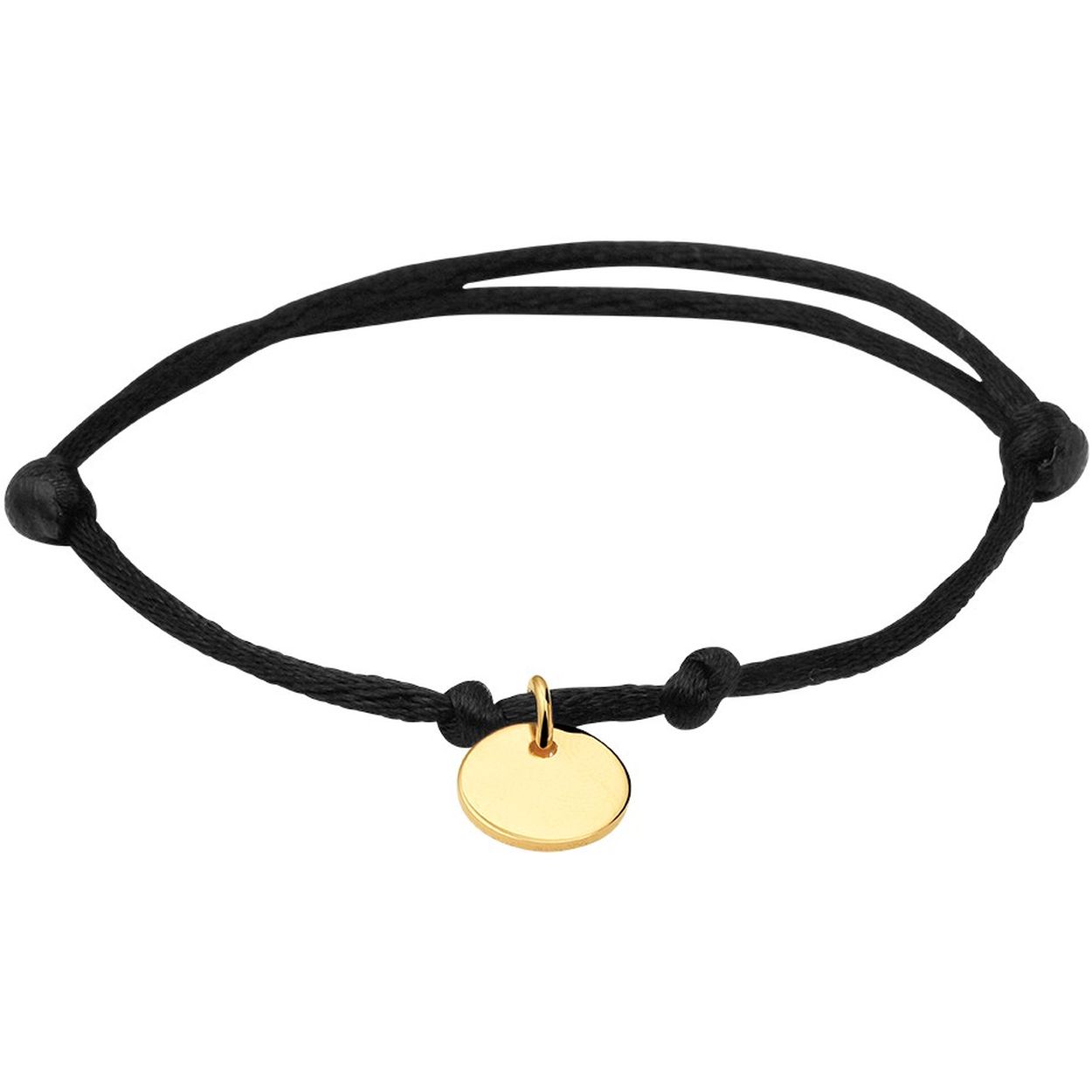Zwart gevlochten armband uitgevoerd met een geelgoud op 925 zilveren rondje. De armband heeft draaglengtes van 13 tot 26cm. Het rondje heeft een diameter van 10mm.