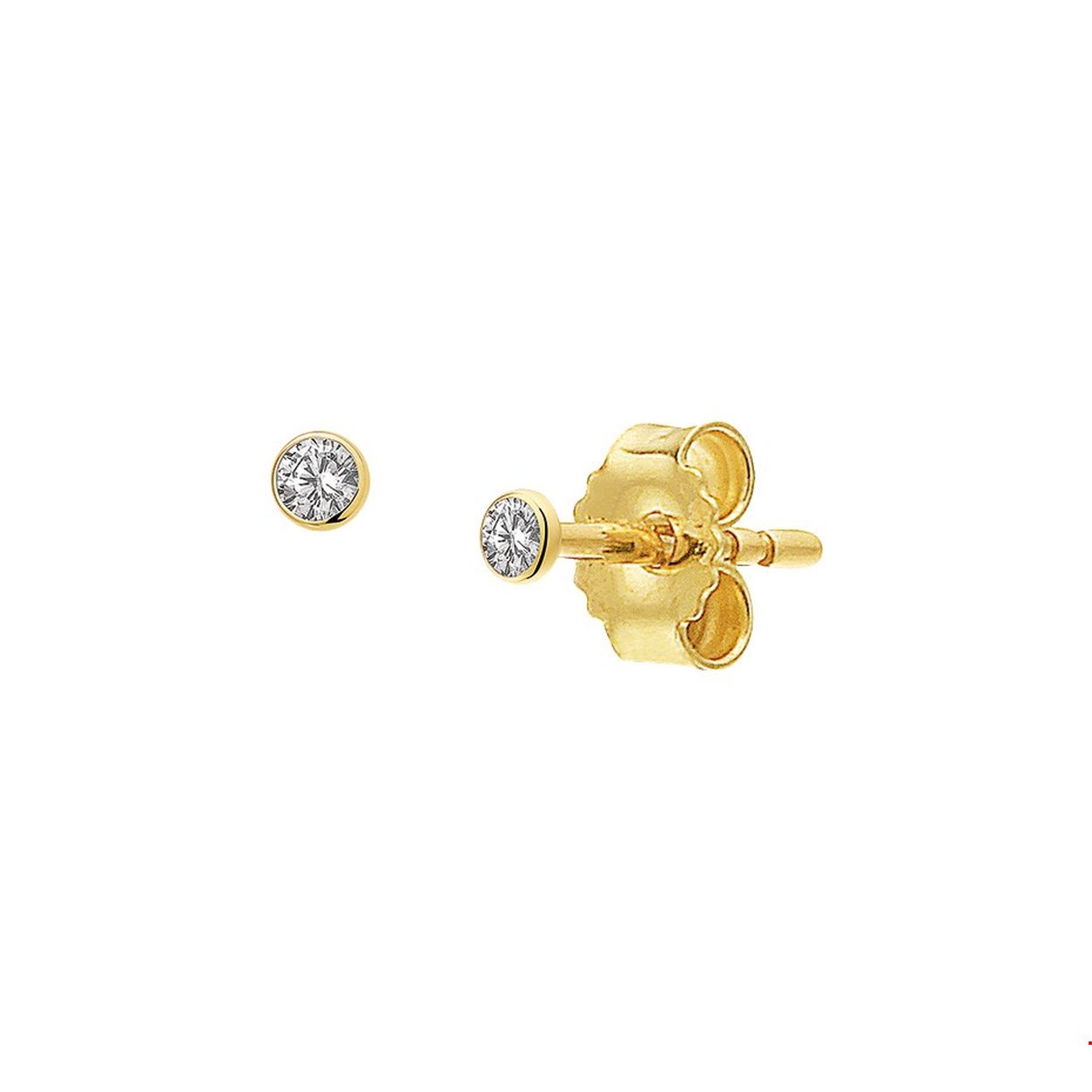 Geelgouden oorknoppen met een briljant geslepen zirkonia van 2.5mm uitgevoerd met stevige poussette sluiting.