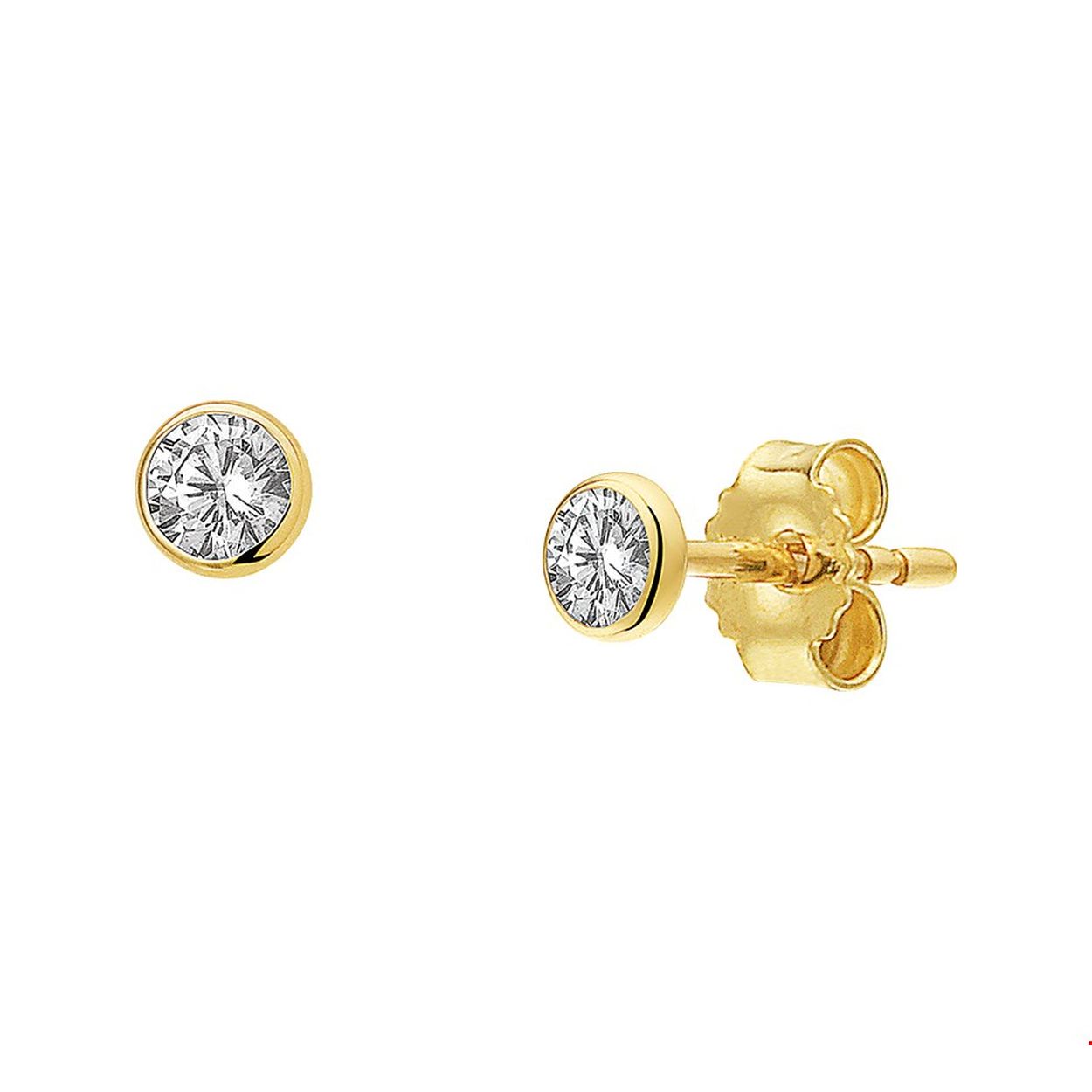 Geelgouden oorknoppen met een briljant geslepen zirkonia van 3.5mm uitgevoerd met stevige poussette sluiting.
Zetting: solitaire (kastzetting)