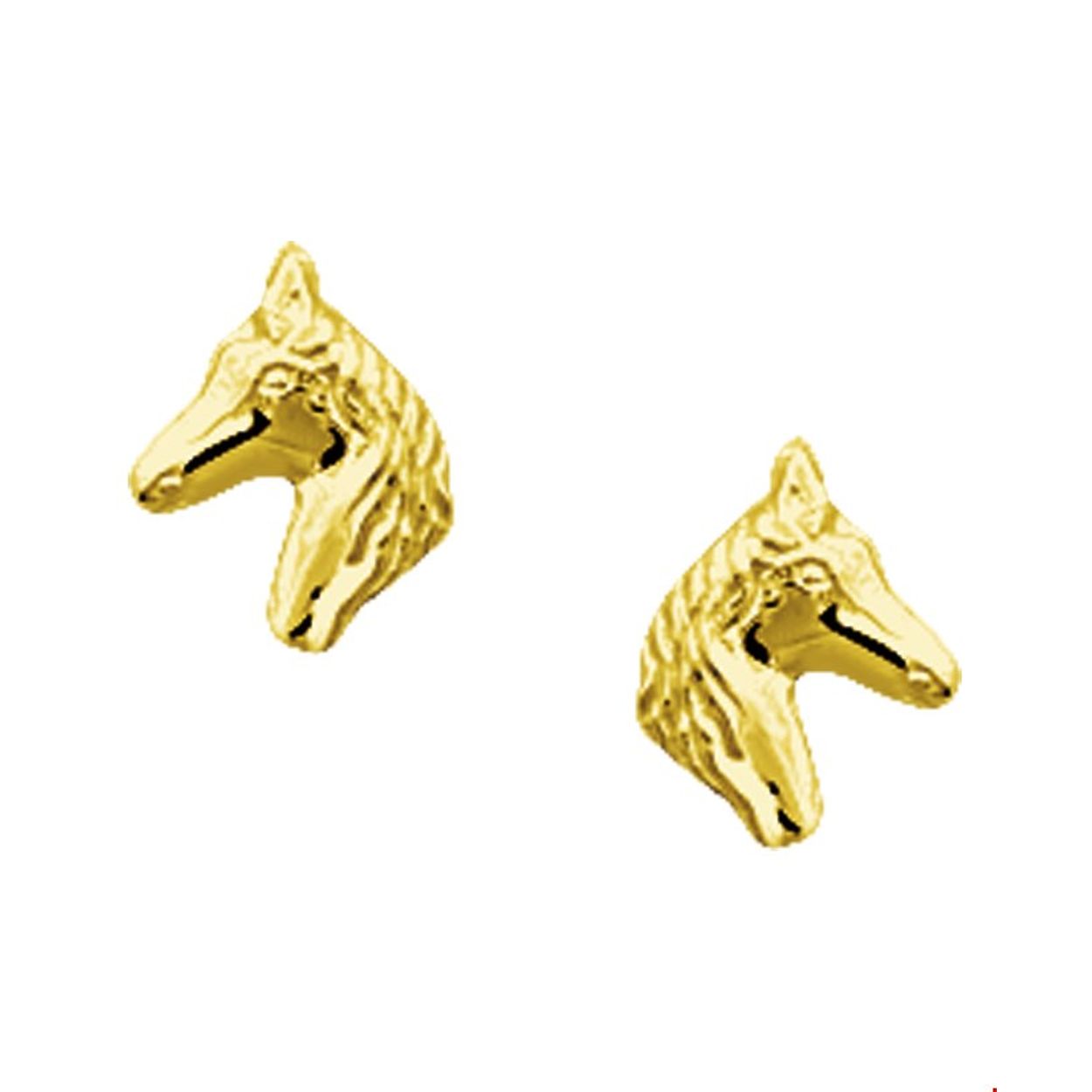 Geelgouden oorknoppen met een paardenhoofd.
Doelgroep: kinderen
Breedte: 6 mm
Hoogte: 7 mm