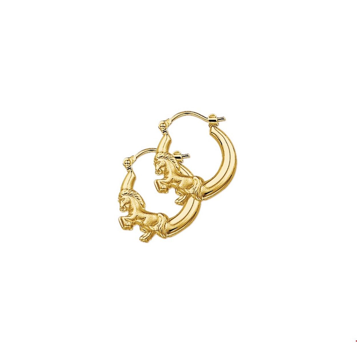 Beschrijving: Geelgouden oorringen met paarden en een poli/matte afwerking. 
Verpakt per: 1
Doelgroep: dames
Breedte: 3 mm