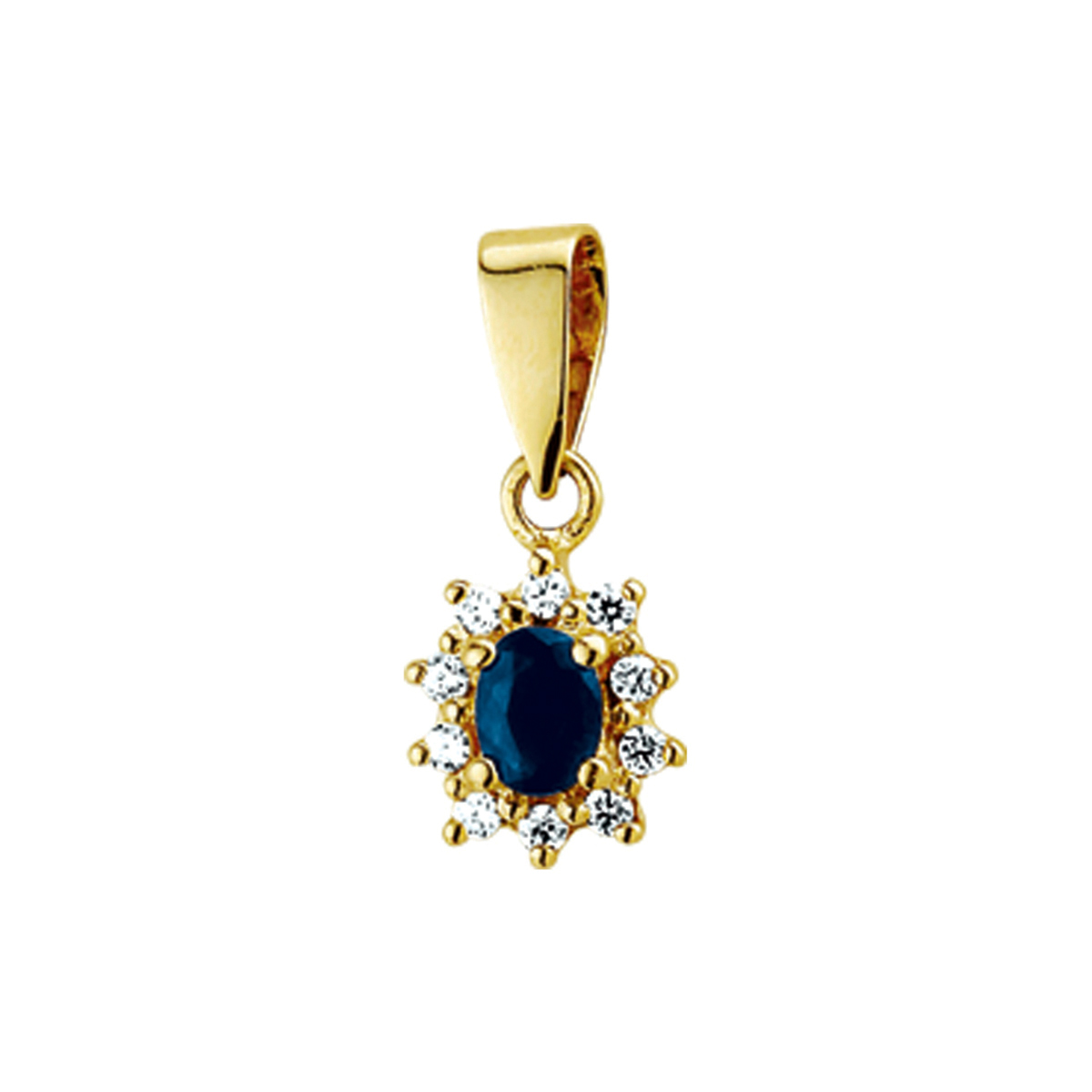 Geelgouden hanger met een rozet van saffier en zirkonia. De hanger is onderdeel van een set.