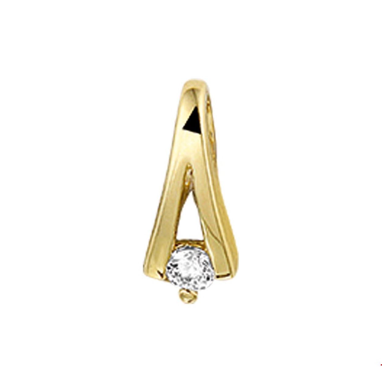 Beschrijving: Geelgouden hanger met zirkonia. 
Verpakt per: 1
Doelgroep: dames
Zetting: solitaire (span zetting)