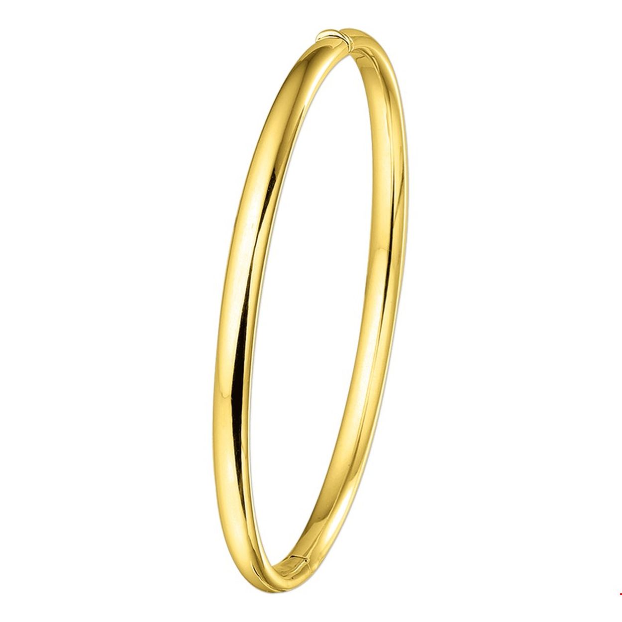 Beschrijving: Geelgouden slavenarmband met een halfronde buis en een scharnier-sluiting. 
Verpakt per: 1
Doelgroep: dames
Breedte: 4 mm