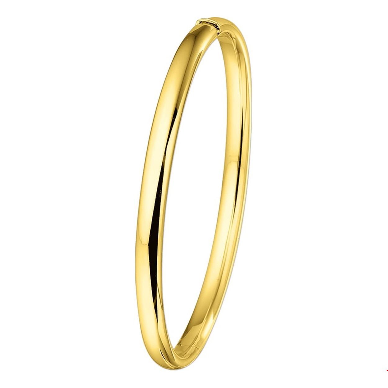 Beschrijving: Geelgouden slavenarmband met een halfronde buis en een scharnier-sluiting. 
Verpakt per: 1
Doelgroep: dames
Breedte: 5 mm