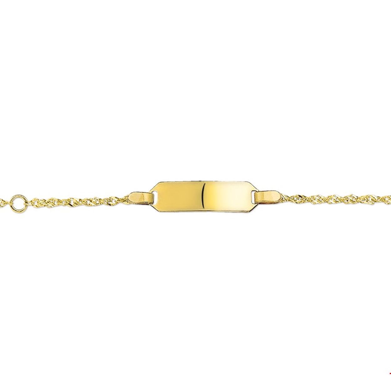 Beschrijving: Geelgouden graveerarmband met een poli afwerking. De lengte van de armband bedraagt 9cm met 2cm extensie. 
Uniekenummer serie: 27233
Verpakt per: 1
Doelgroep: kinderen
Breedte: 17 mm
Kortste lengte: 9 mm
Langste lengte: 11 mm
Hoogte: 5 mm
