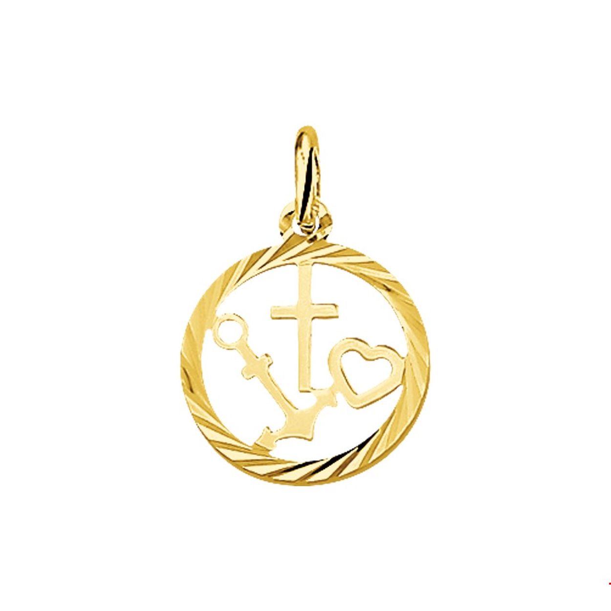  Deze hanger zal voor een ieder die hem draagt een eigen betekenis hebben. Geelgouden hanger met geloof hoop en liefde bedel en een gediamanteerde afwerking. 

