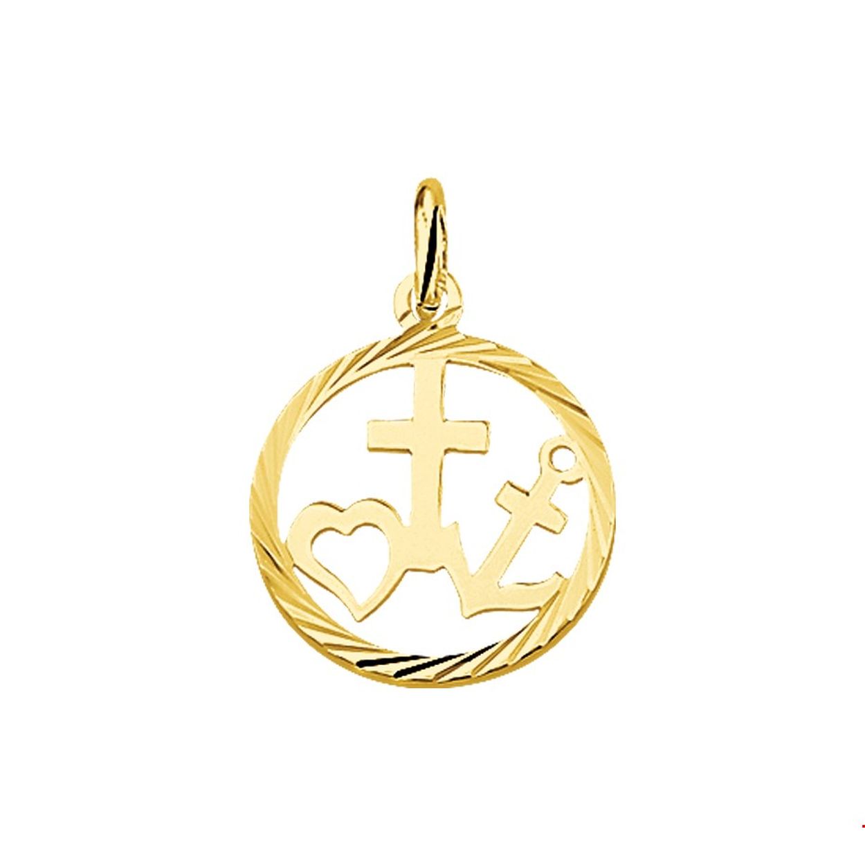 Beschrijving: Geelgouden hanger met geloof hoop en liefde bedel en een gediamanteerde afwerking. 
Doelgroep: unisex
Breedte: 17 mm