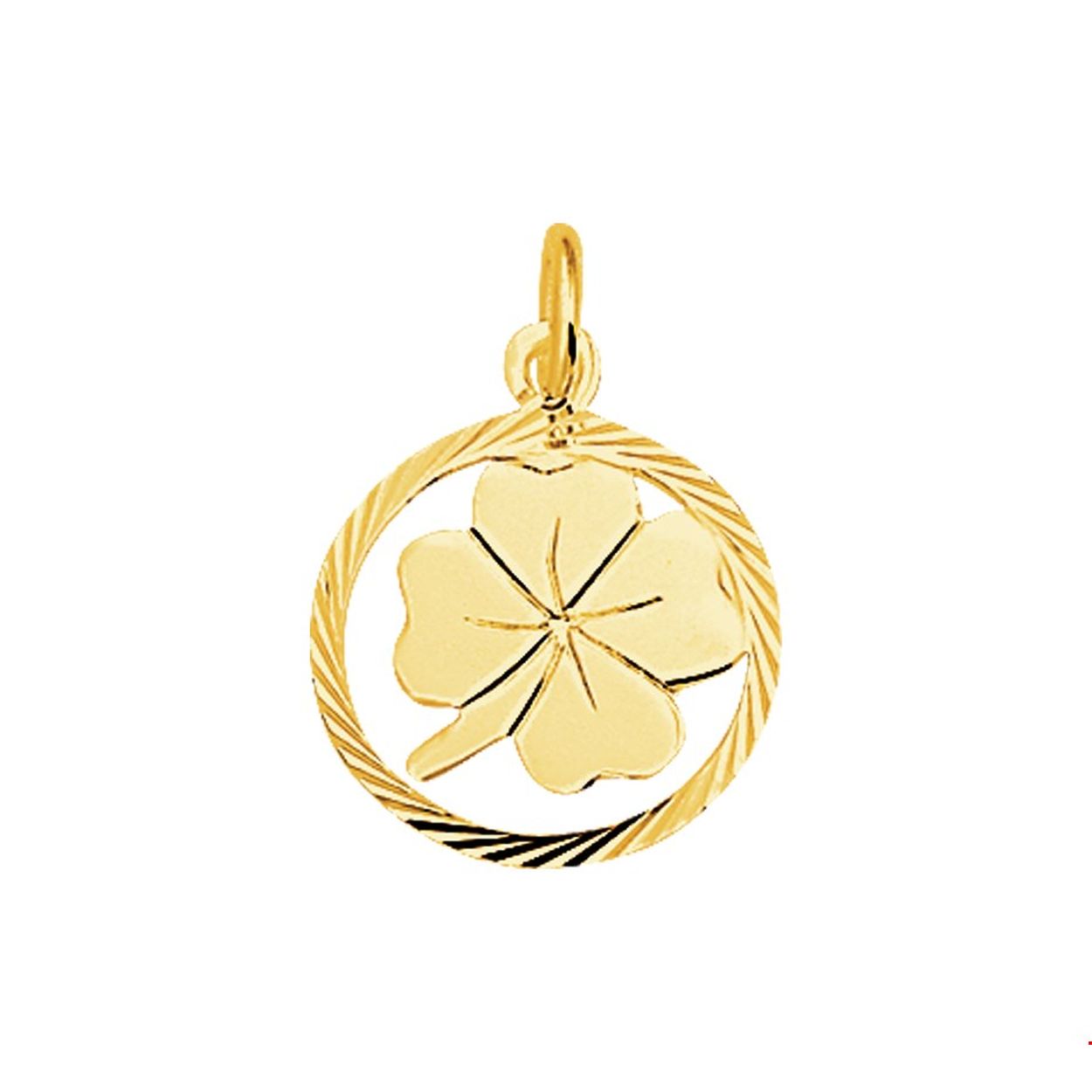 14 Karaat geelgouden klaver hanger met een gediamanteerde afwerking en uitgevoerd met een stevig hangoog. diameter 15 mm.