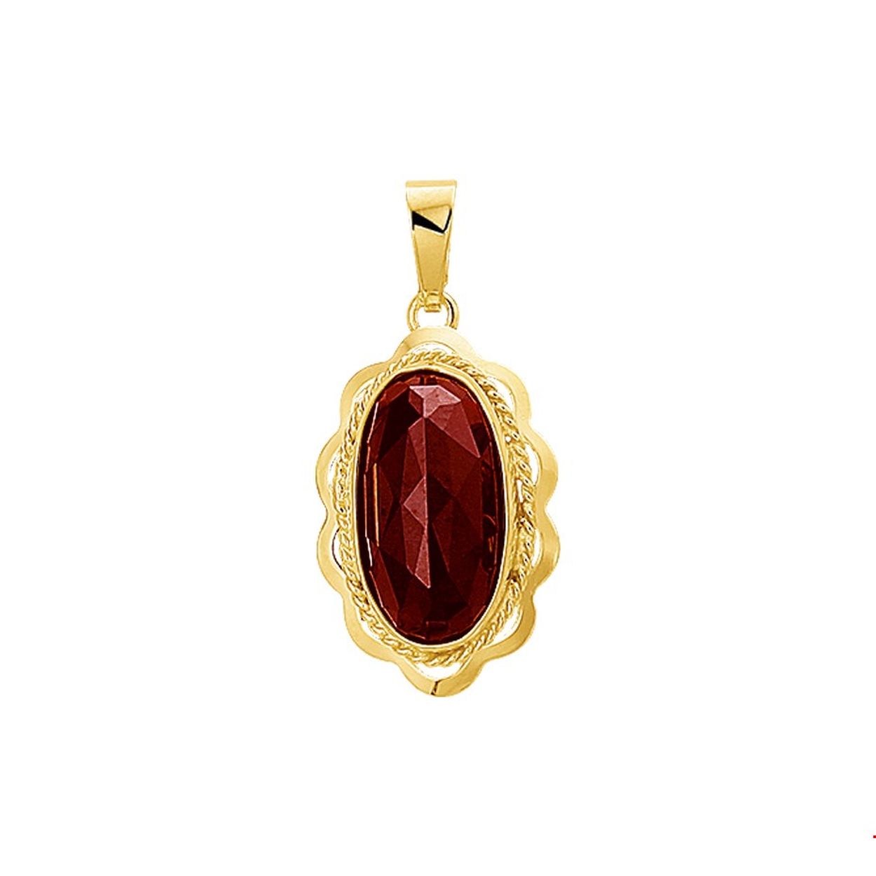 Beschrijving: Geelgouden hanger met granaat. 
Verpakt per: 1
Doelgroep: dames
Breedte: 13 mm
Hoogte: 22 mm