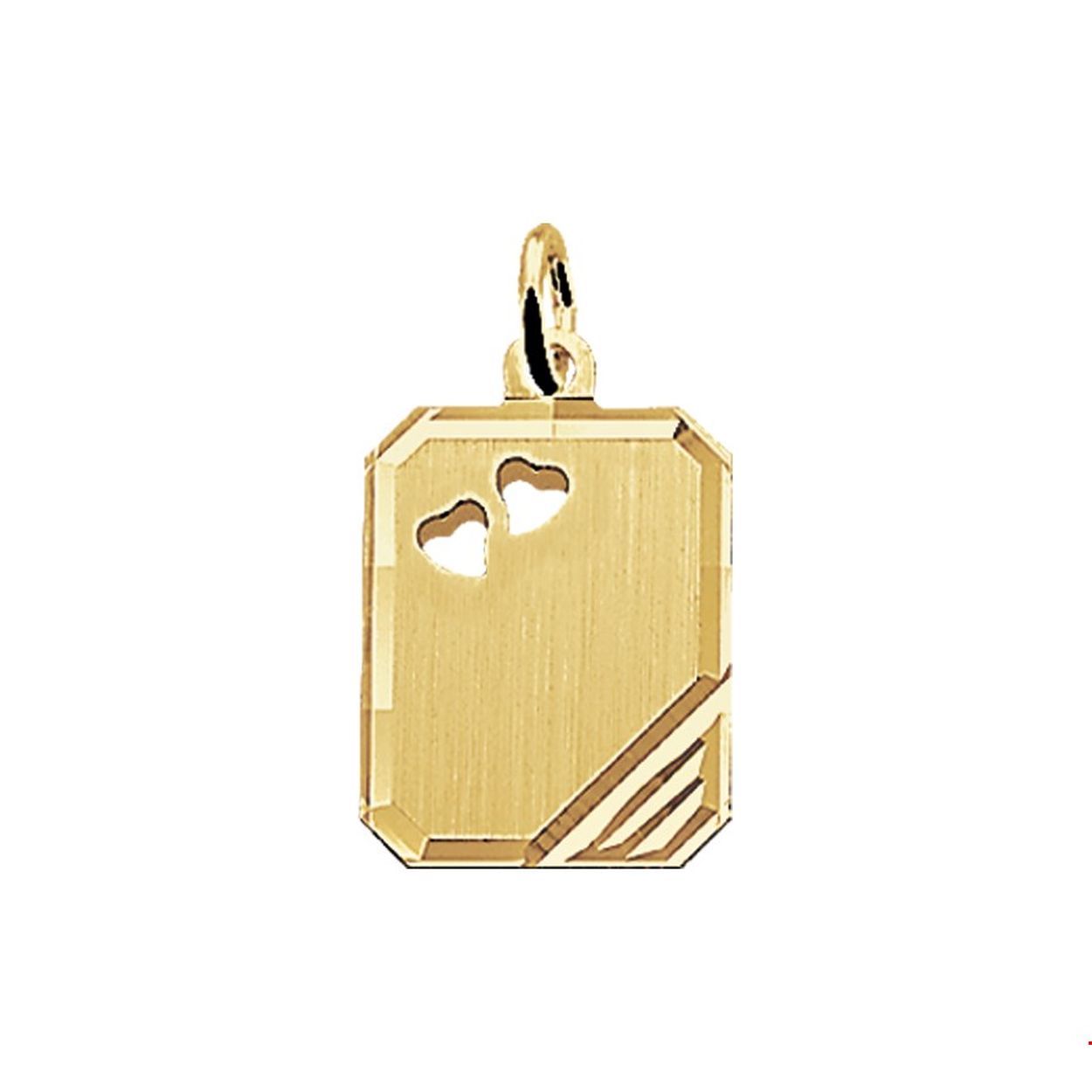 Geelgouden graveerhanger met gestanste hartjes. 

Breedte: 12 mm
Hoogte: 16 mm