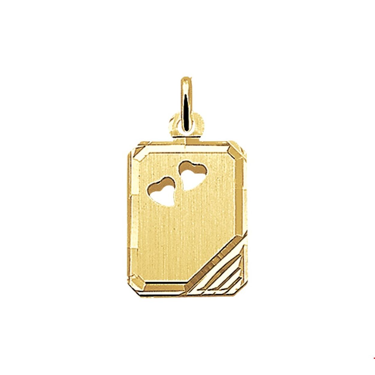 Beschrijving: Geelgouden graveerhanger met een gediamanteerde afwerking. 
Verpakt per: 1
Doelgroep: unisex
Breedte: 14 mm
Hoogte: 18 mm
