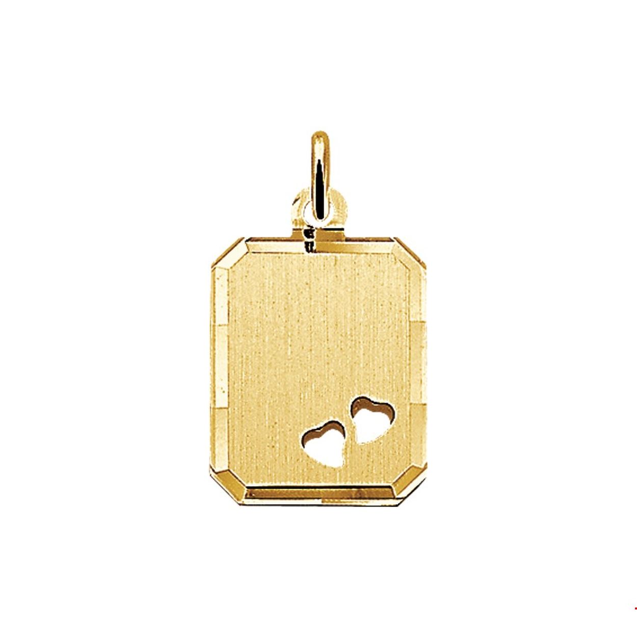 Beschrijving: Geelgouden graveerhanger met een gediamanteerde afwerking. 
Breedte: 14 mm
Hoogte: 18 mm