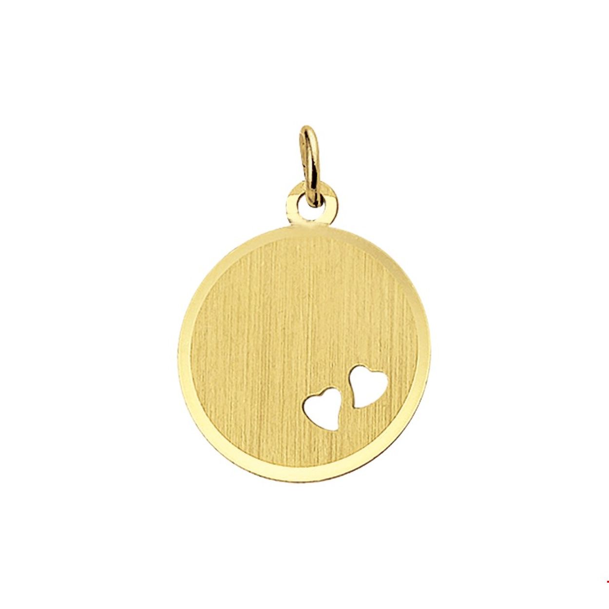 14 karaat geelgouden graveerhanger met een gediamanteerde afwerking en gestanste hartjes. De hanger heeft een dikte van 0.5mm.