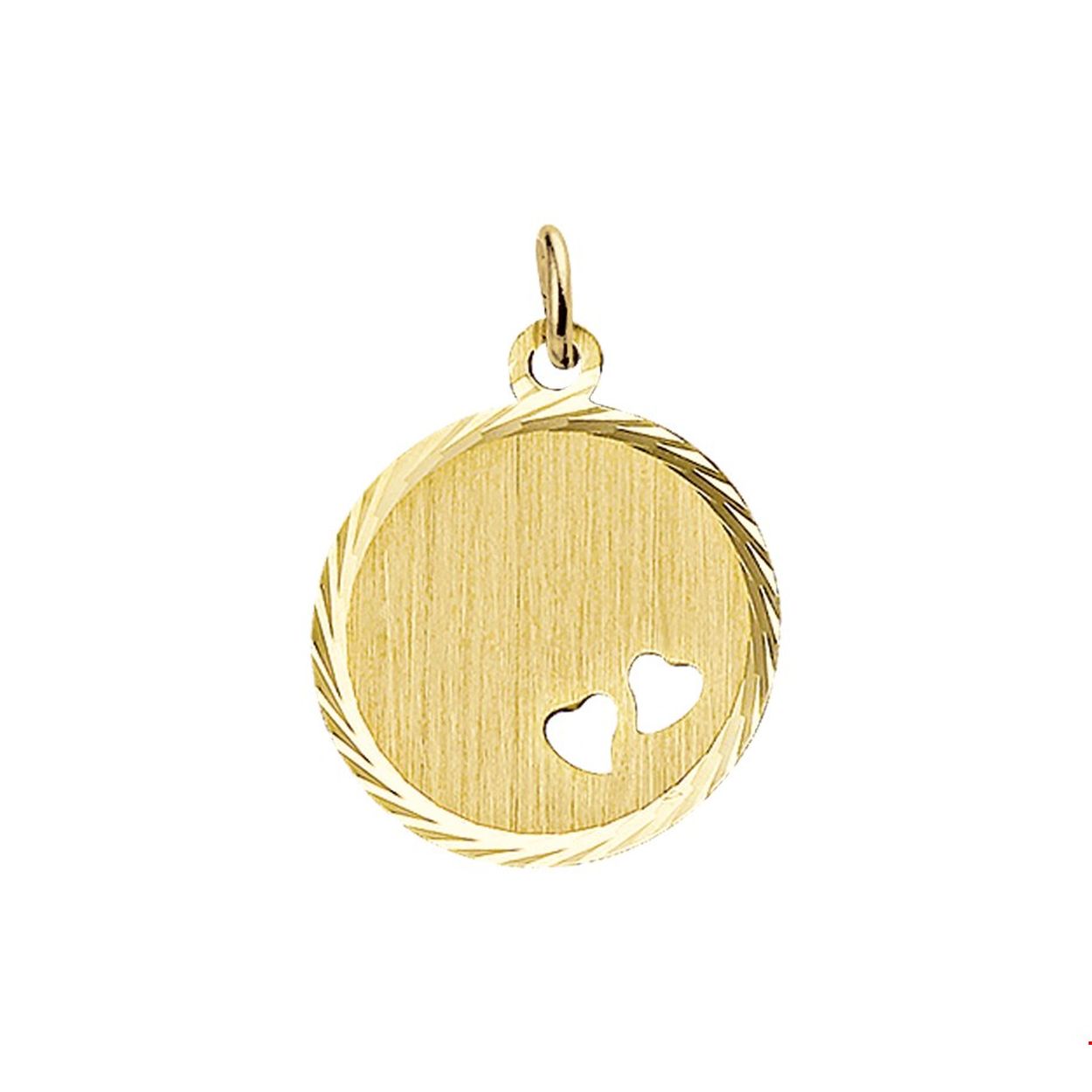 14 karaat geelgouden graveerhanger met een gediamanteerde afwerking en gestanste hartjes. De hanger heeft een dikte van 0.5mm.