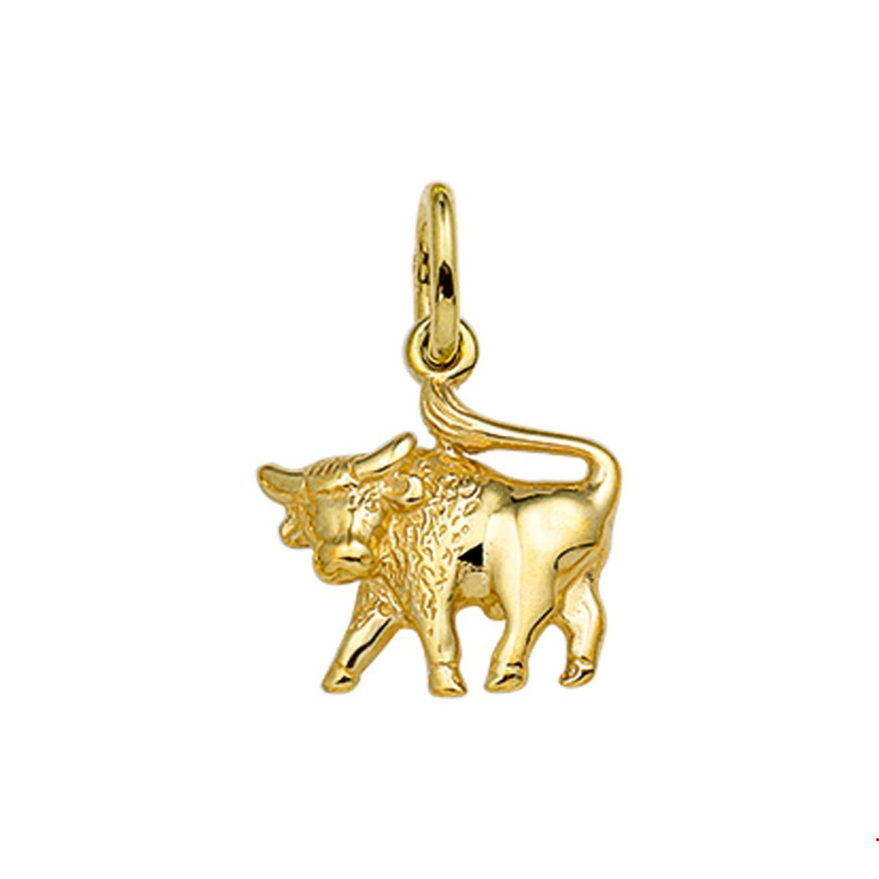 Deze geelgouden hanger, die staat voor het sterrenbeeld stier, kan aan een dun collier of armband.