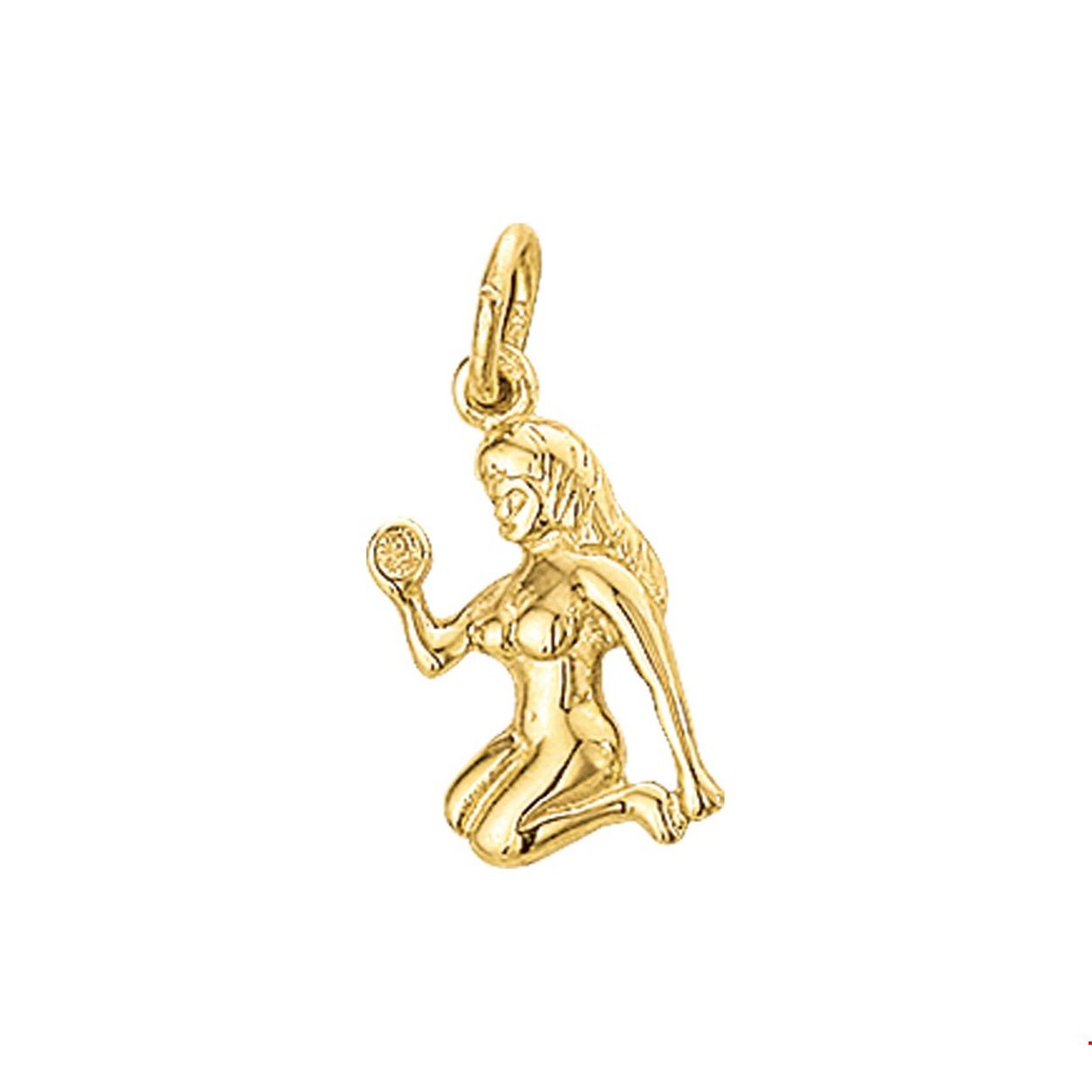 Deze geelgouden hanger, die staat voor het sterrenbeeld maagd, kan aan een dun collier of armband.