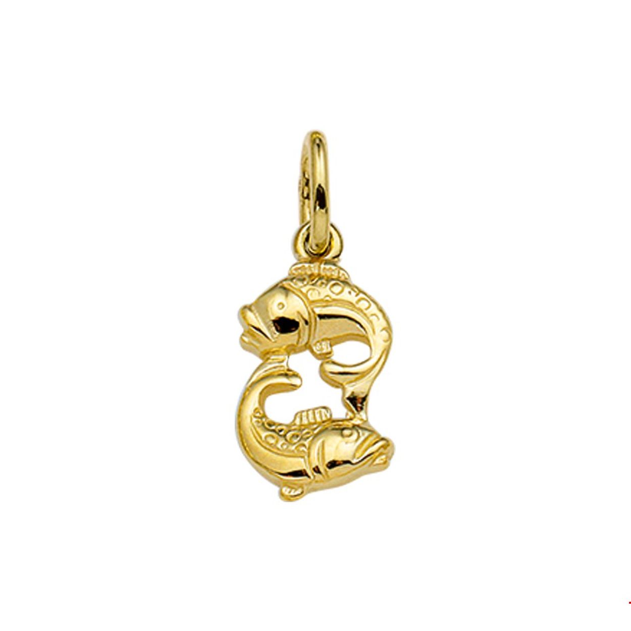 Deze geelgouden hanger, die staat voor het sterrenbeeld vissen, kan aan een dun collier of armband.