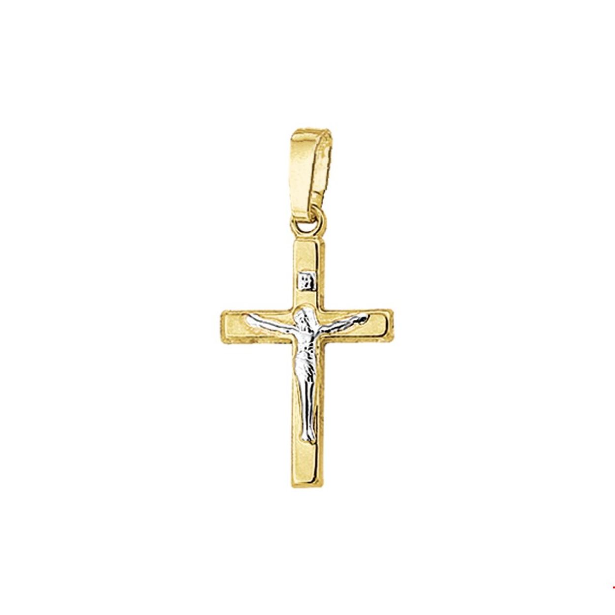 Beschrijving: Geelgouden hanger met een kruis en gestift corpus. 
Doelgroep: unisex
Breedte: 11.5 mm
Hoogte: 19 mm