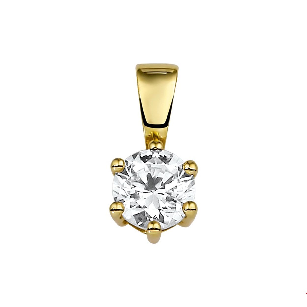 14 Karaat geelgouden hanger met zirkonia. De zirkonia heeft een diameter van 4 millimeter. De hanger is 4,2 millimeter breed en 9,5 millimeter hoog. De hanger is onderdeel van een set, maak de set compleet met de bijpassende ring en oorsieraden.