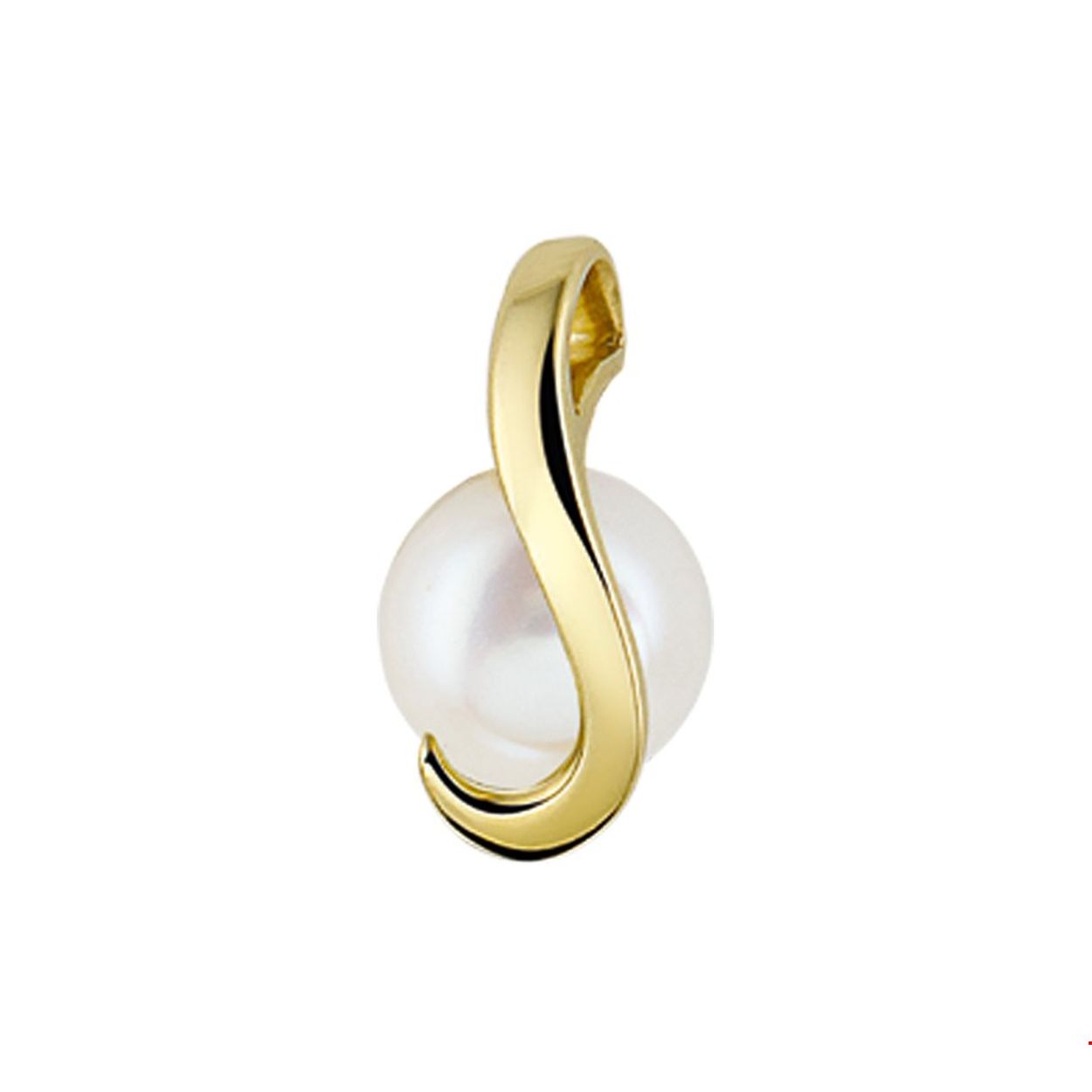 Geelgouden hanger met zoetwaterparel. 
Doelgroep: dames
Breedte: 8.5 mm
Hoogte: 16 mm