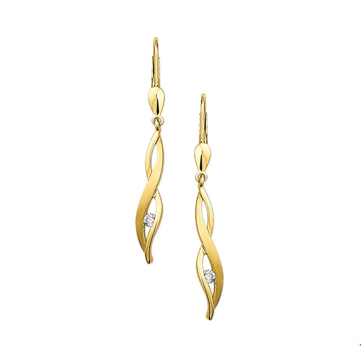 Beschrijving: Geelgouden oorhangers met zirkonia en een poli/matte afwerking.   
Verpakt per: 1
Doelgroep: dames
Breedte: 4.5 mm
Hoogte: 24.5 mm
Zetting: solitaire (span zetting)