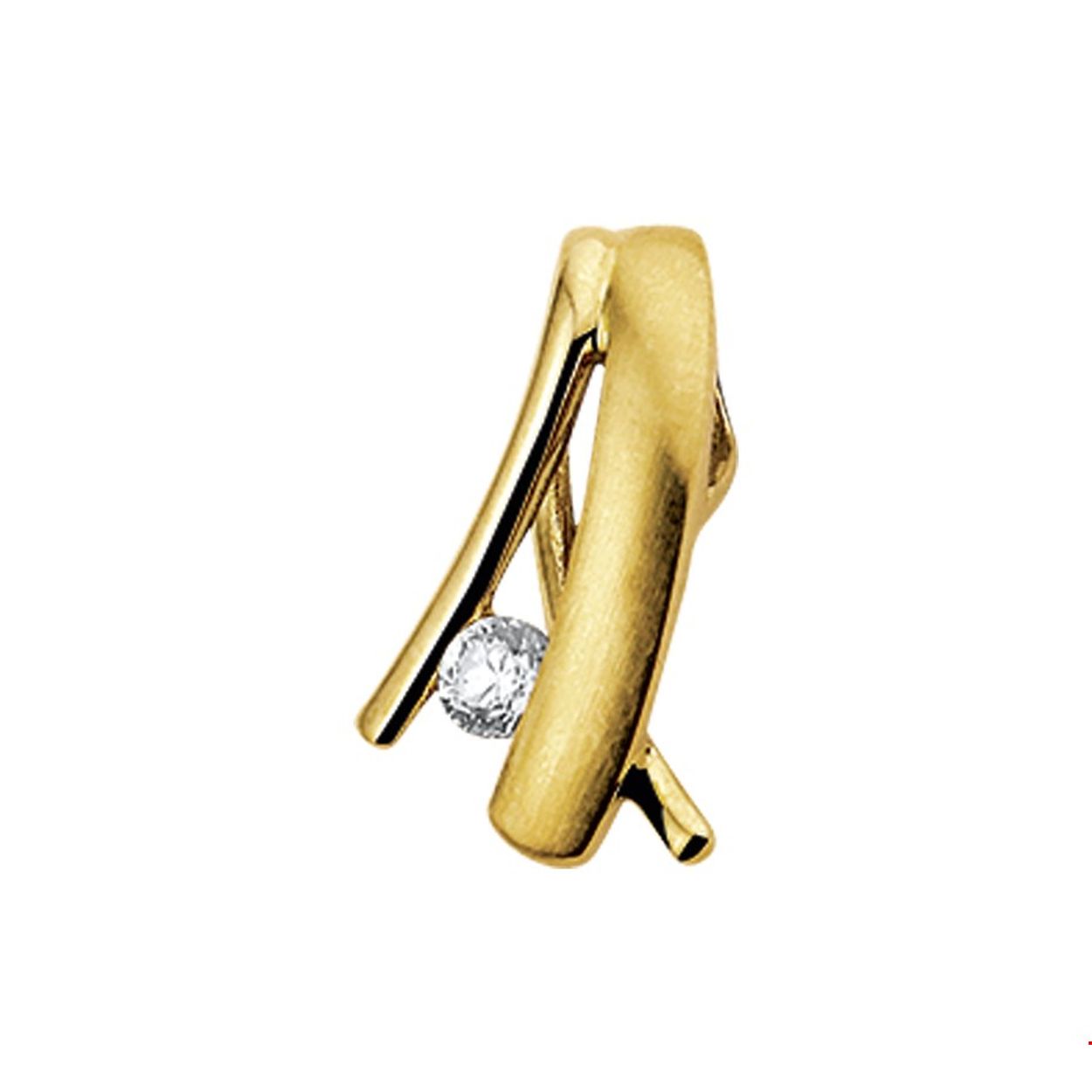 Beschrijving: Geelgouden hanger met zirkonia. 
Verpakt per: 1
Doelgroep: dames
Breedte: 9.5 mm
Hoogte: 16.5 mm
Zetting: solitaire (span zetting)