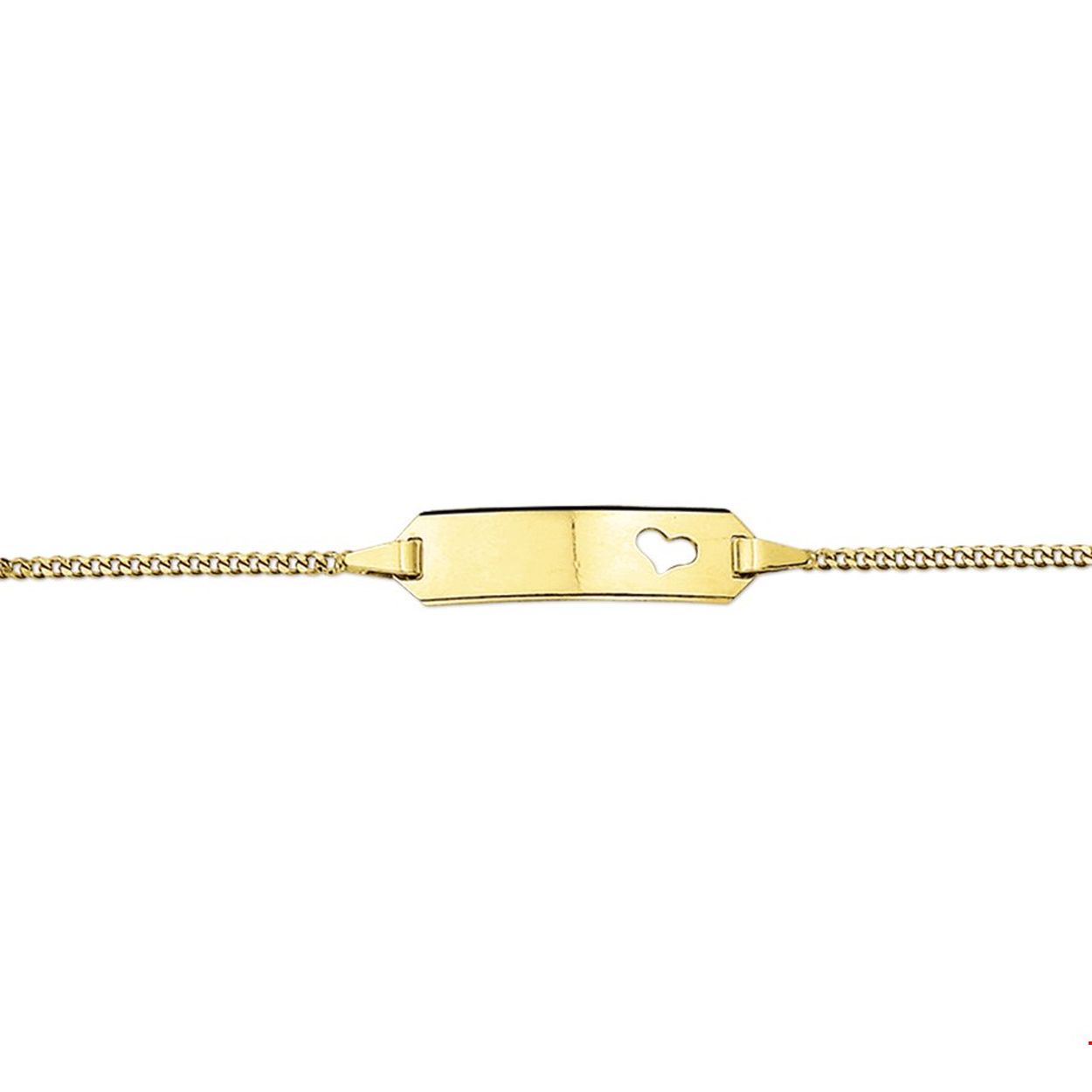 Beschrijving: Geelgouden graveerarmband met een poli afwerking en een gestanst hartje. De lengte van de armband bedraagt 9cm met 2cm extensie.
Uniekenummer serie: 27292
Verpakt per: 1
Doelgroep: kinderen
Breedte: 20 mm
Kortste lengte: 9 mm
Langste lengte: 11 mm
Hoogte: 5.5 mm