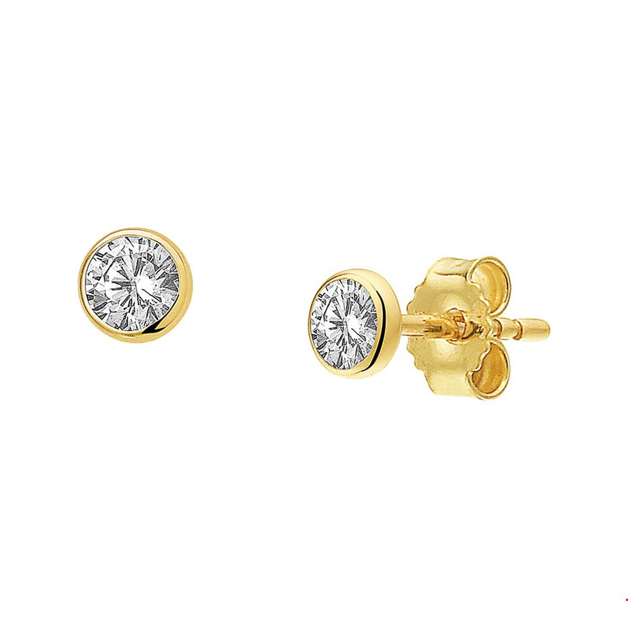 Geelgouden oorknoppen met een briljant geslepen zirkonia van 4mm uitgevoerd met stevige poussette sluiting.