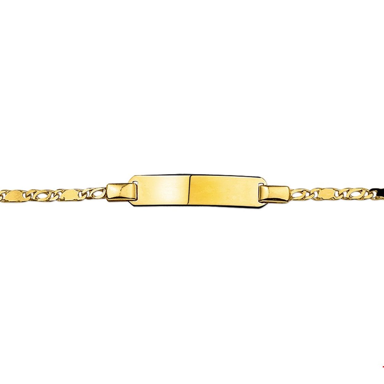 Beschrijving: Geelgouden graveerarmband met een poli afwerking. De lengte van de armband bedraagt 11cm met 2cm extensie. 
Uniekenummer serie: 31204
Verpakt per: 1
Doelgroep: kinderen
Breedte: 18.5 mm
Kortste lengte: 13 mm
Langste lengte: 15 mm
Hoogte: 5 mm