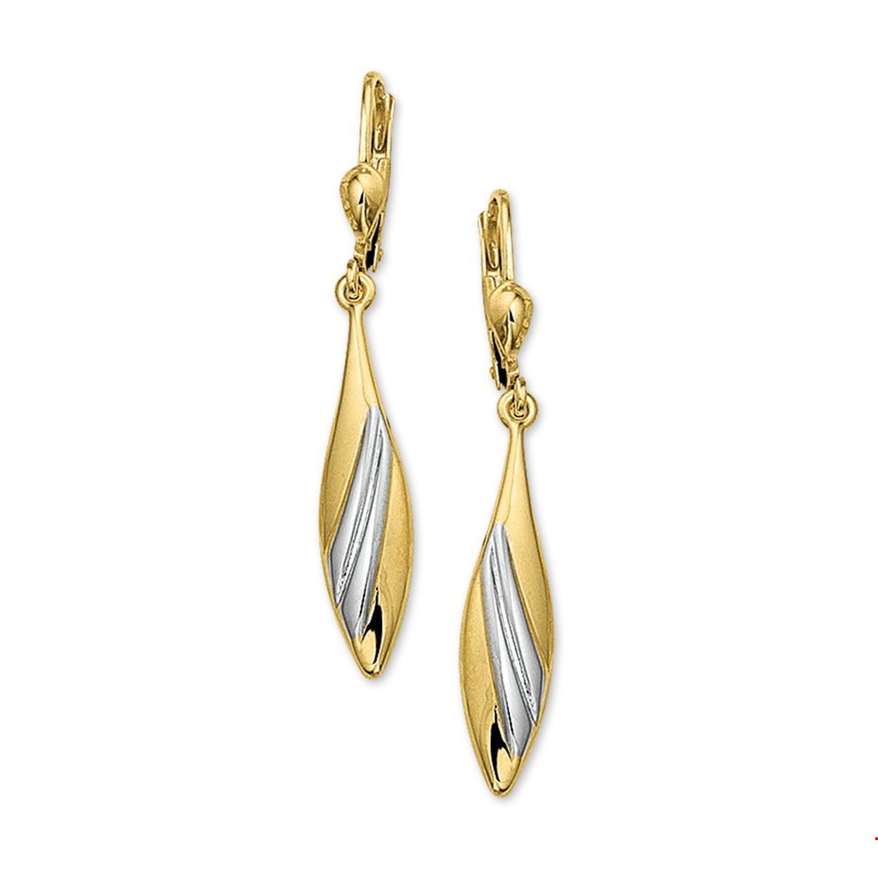 Beschrijving: Bicolor wit- en geelgouden gestifte oorhangers. 
Verpakt per: 1
Doelgroep: dames
Breedte: 6.5 mm
Hoogte: 27.5 mm