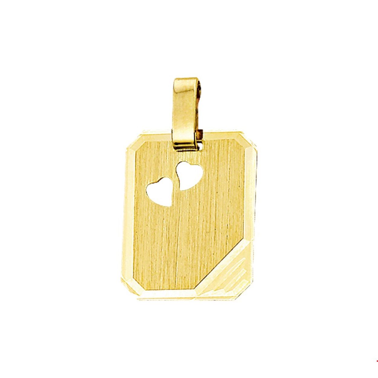 Beschrijving: Geelgouden graveerhanger met een gediamanteerde afwerking. 
Verpakt per: 1
Doelgroep: unisex
Breedte: 14 mm
Hoogte: 18 mm
