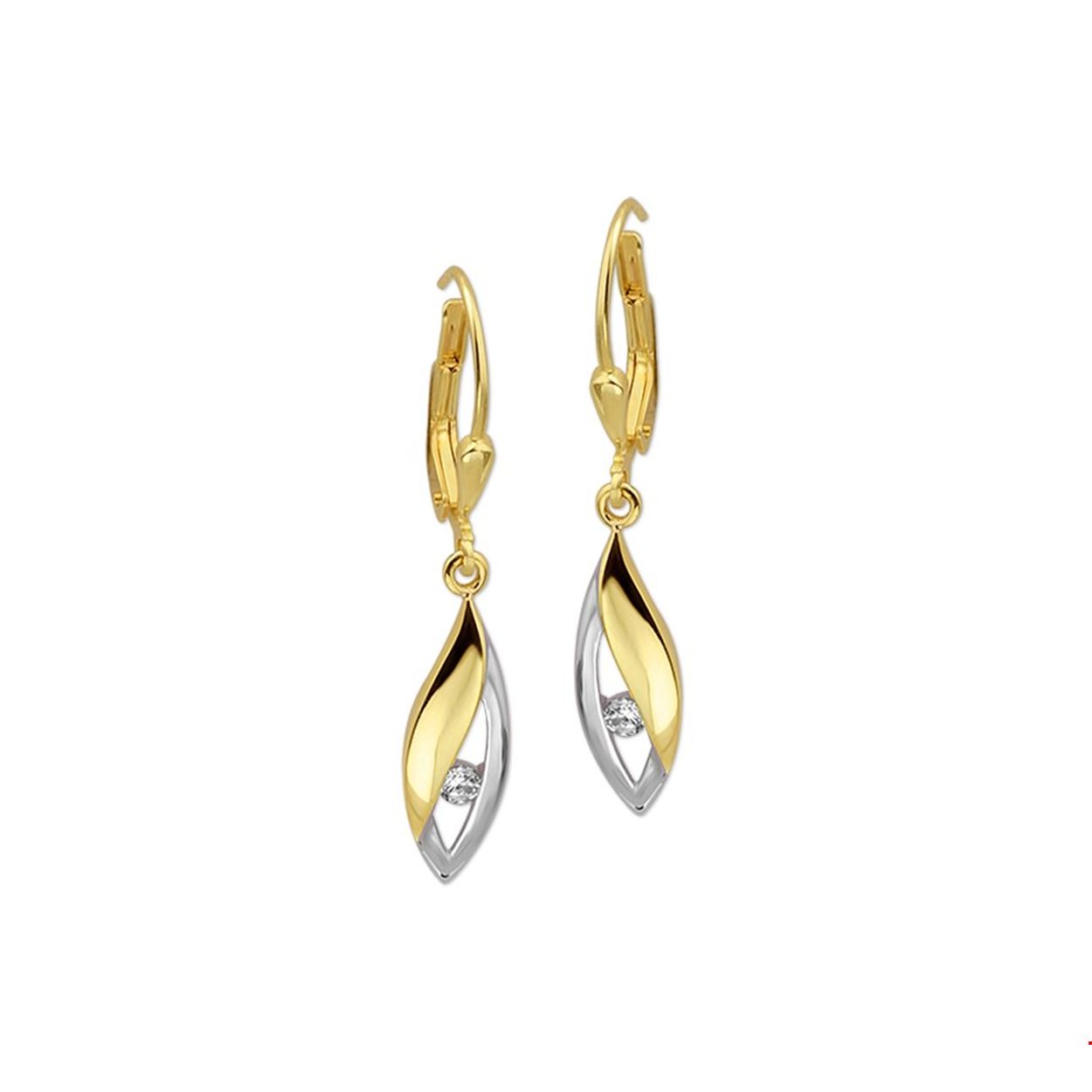 Beschrijving: Bicolor wit- en geelgouden gestifte oorhangers met zirkonia.  
Verpakt per: 1
Doelgroep: dames
Breedte: 5.5 mm
Hoogte: 20 mm