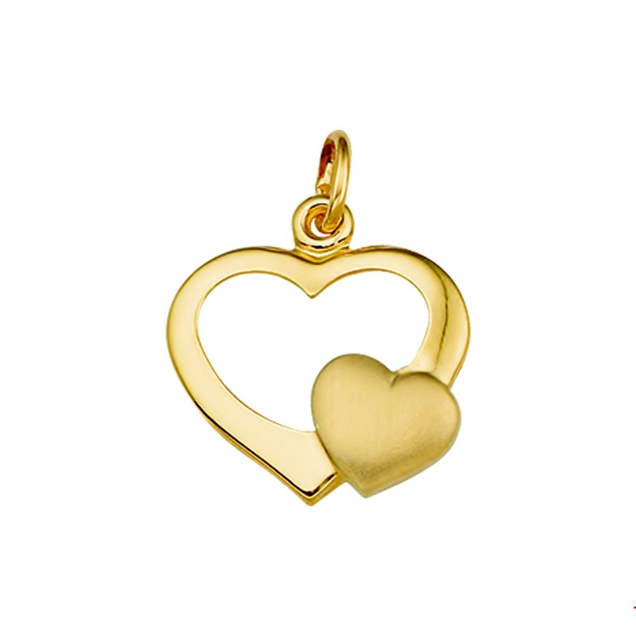 Huiscollectie - 14kt Geelgouden hanger met harten en een poli/matte afwerking. 

Breedte: 15.5 mm
Hoogte: 16 mm