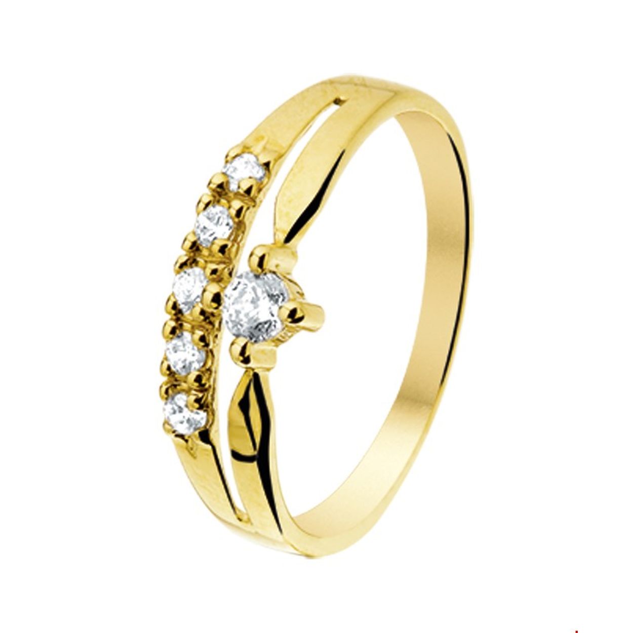 Beschrijving: Geelgouden ring met zirkonia. 
Uniekenummer serie: 26688
Verpakt per: 1
Doelgroep: dames
Ringmaat: 19.50 mm (61)
Breedte: 6.5 mm
Zetting: entourage (rijzetting)