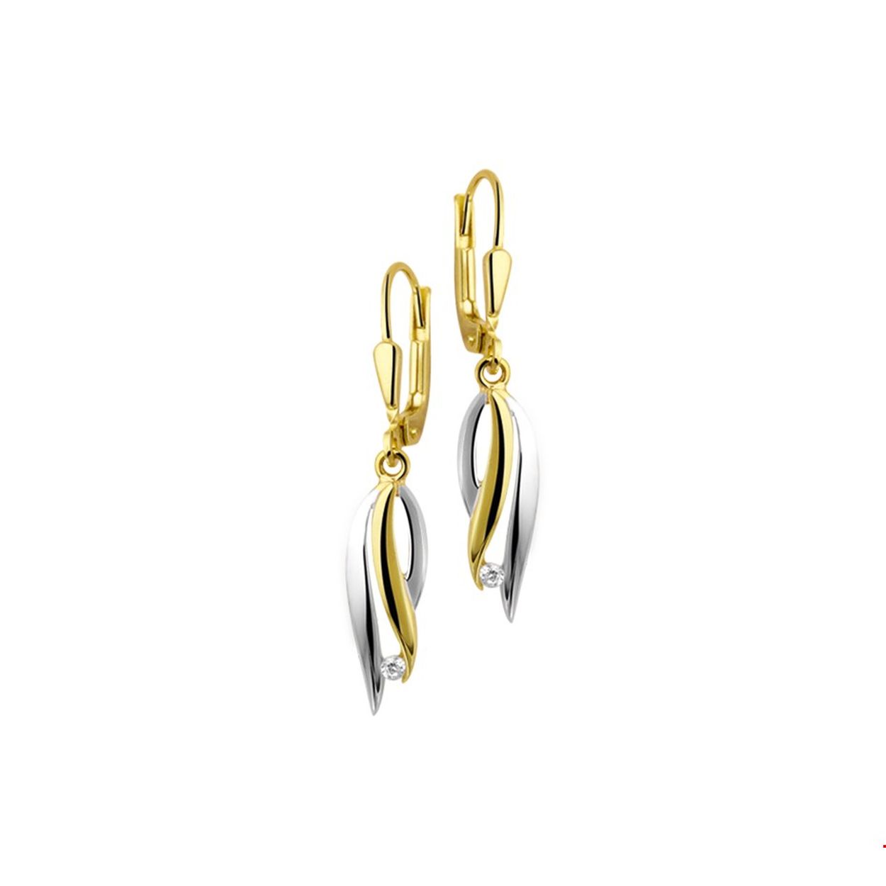 Beschrijving: Chique bicolor geel en witgoud gestifte oorhangers met een totale lengte van 32mm en hanger van 19.5x6mm uitgevoerd met een luxe briljant geslepen zirkonia. De oorhangers hebben een kunstig design en zullen zeker schitteren 
Verpakt per: 1
Doelgroep: dames
Breedte: 6 mm
Hoogte: 32 mm