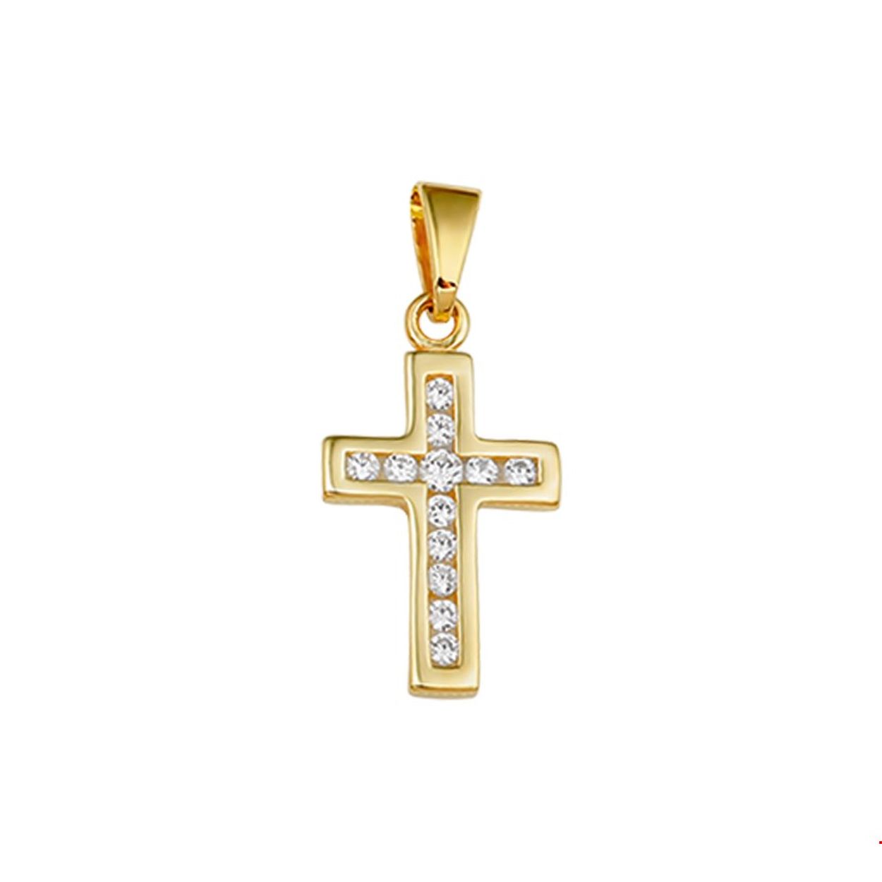 Geelgouden hanger met een kruis uitgevoerd met een schitterende zirkonia en een stevig hangoog. Het kruis heeft afmetingen van 16x11mm. 