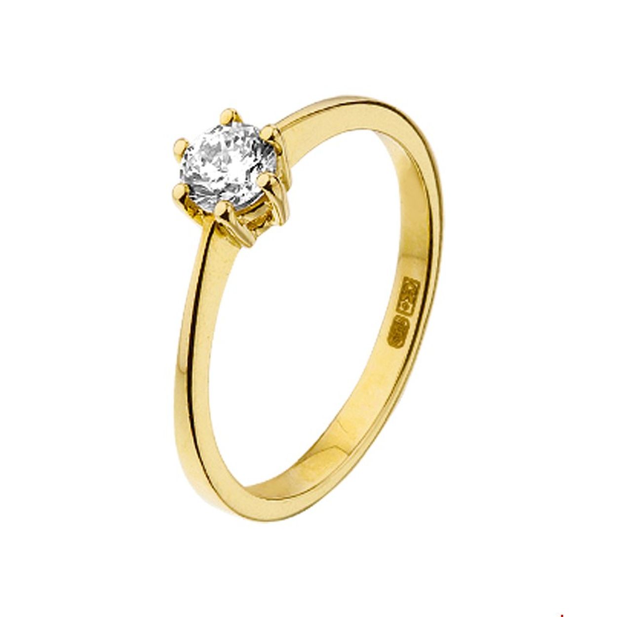 Geelgouden ring met zirkonia. 

Ringmaat: 17.00 mm (53)
Zetting: solitaire (chatonzetting)