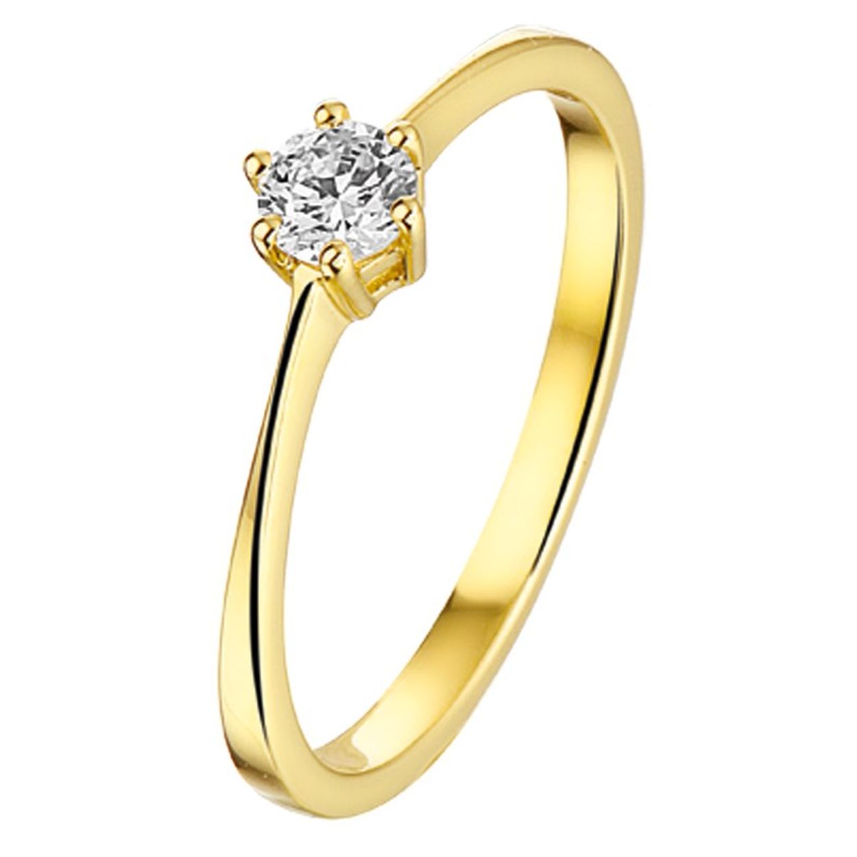Beschrijving: Geelgouden ring met zirkonia. 
Doelgroep: dames
Ringmaat: 17.50 mm (55)
Zetting: solitaire (chatonzetting)