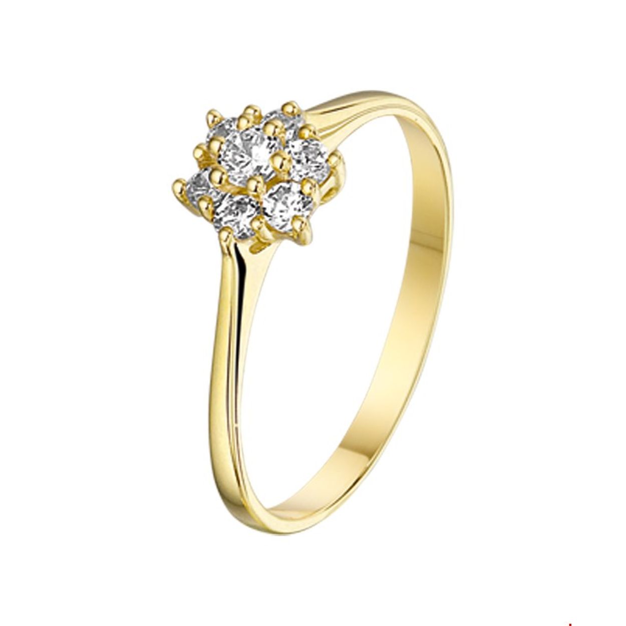 Beschrijving: Geelgouden ring met een rozet van zirkonia. 
Uniekenummer serie: 26710
Verpakt per: 1
Doelgroep: dames
Ringmaat: 16.50 mm (52)
Breedte: 1.6 mm
Zetting: entourage