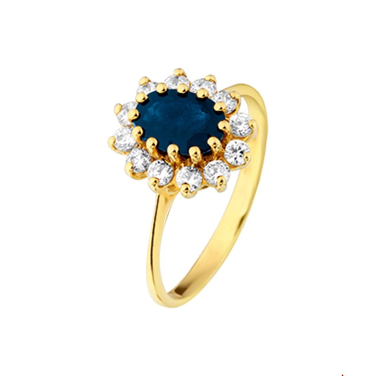 Beschrijving: Geelgouden ring met een rozet van saffier en zirkonia. 
Uniekenummer serie: 30309
Verpakt per: 1
Doelgroep: dames
Ringmaat: 17.00 mm (53)