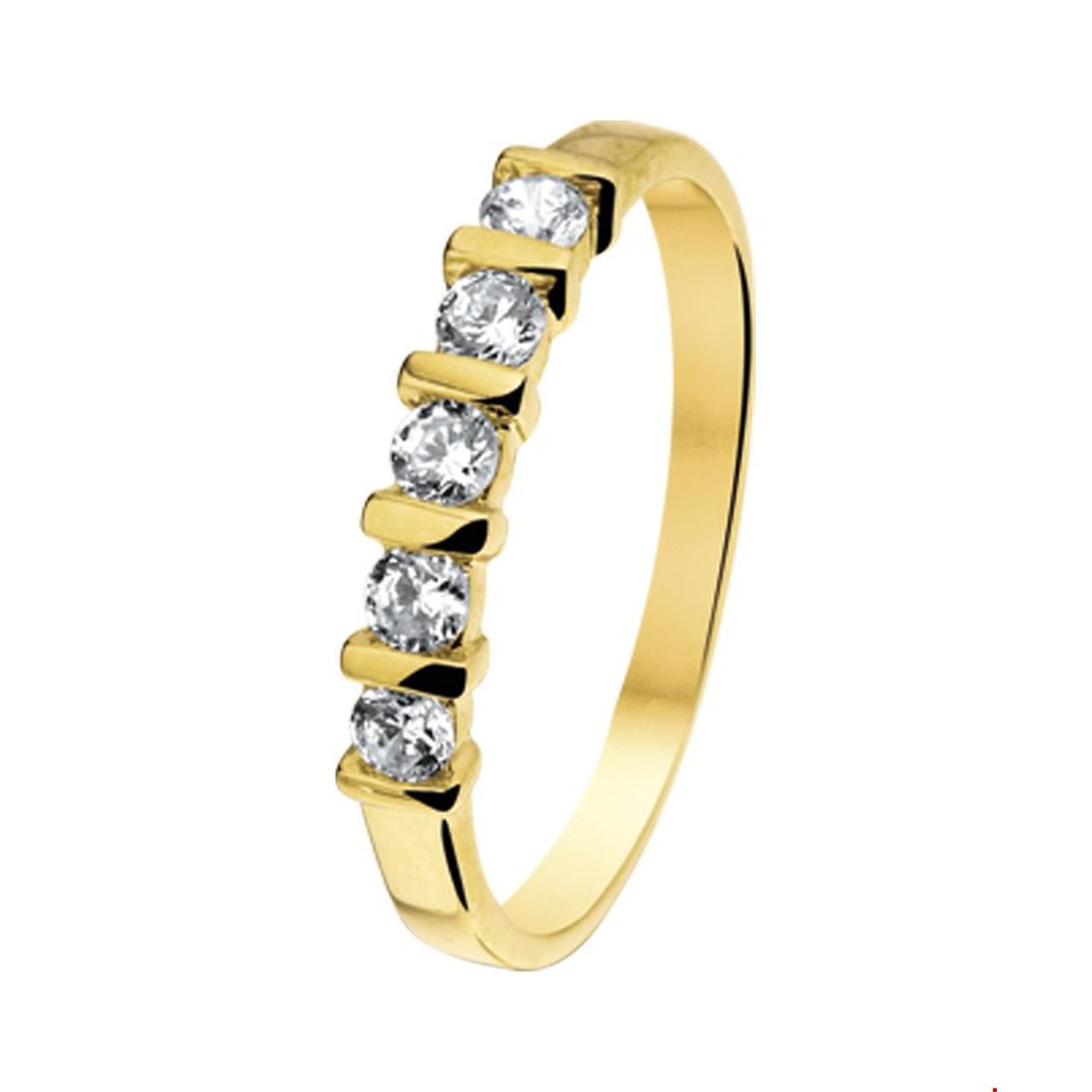 Beschrijving: Geelgouden ring met zirkonia. 
Uniekenummer serie: 26706
Verpakt per: 1
Doelgroep: dames
Ringmaat: 19.00 mm (60)
Breedte: 3 mm
Zetting: alliance (rijzetting)