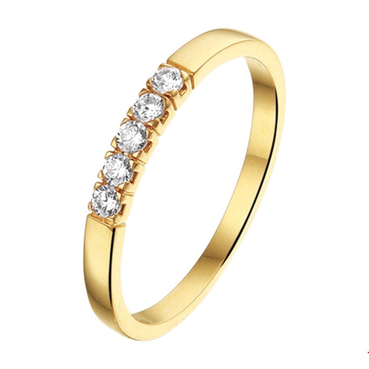 Beschrijving: Geelgouden ring met zirkonia. 
Uniekenummer serie: 30263
Verpakt per: 1
Doelgroep: dames
Ringmaat: 16.50 mm (52)
Zetting: alliance (rijzetting)