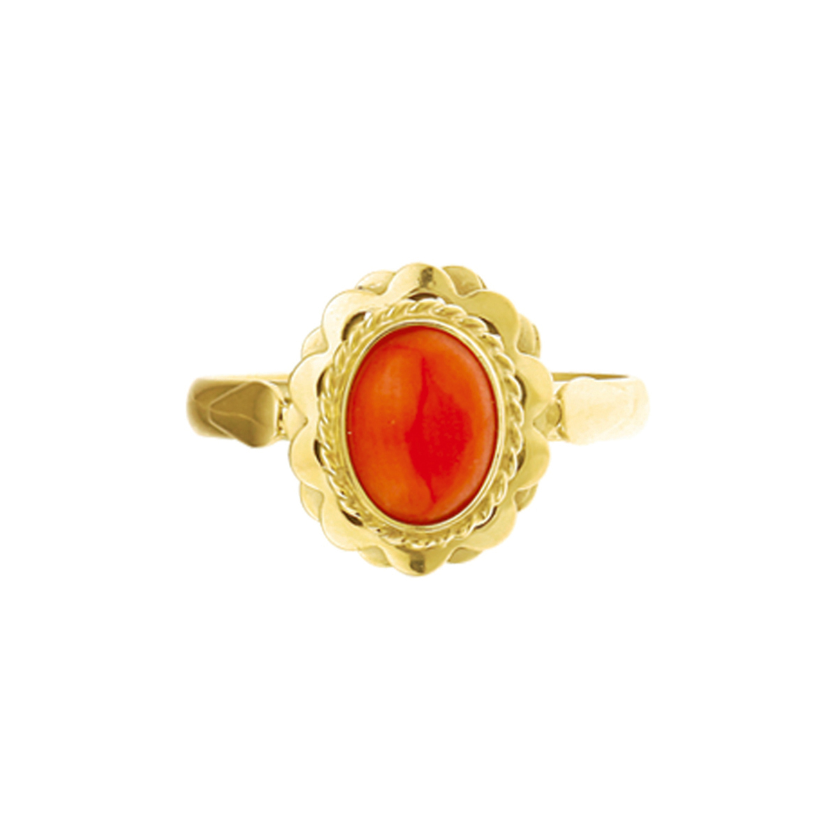 Beschrijving: Geelgouden ring met bloedkoraal. 
Uniekenummer serie: 26824
Verpakt per: 1
Doelgroep: dames
Ringmaat: 17.00 mm (53)
Breedte: 12.5 mm